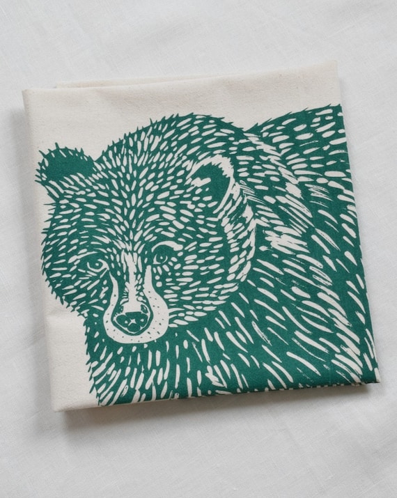 Bear Tea Towel Organic Cotton Eco Friendly Organic Flour Sack Towel Dark  Green Kitchen Towels Tea Towels Flour Sack Woodland 