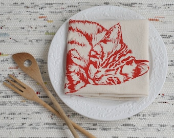 Cat Tea Towel - Organic Cotton - Flour Sack Towel - Screen Printed - Unpaper Towel - Kitchen Towels - Sleeping Kitten - Red Print