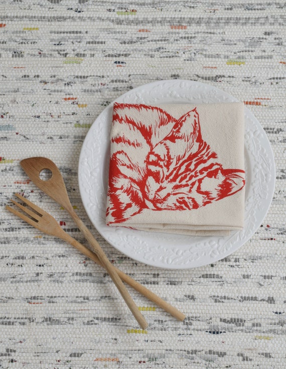 Cat Tea Towel Organic Cotton Flour Sack Towel Screen Printed Unpaper Towel  Kitchen Towels Sleeping Kitten Red Print 