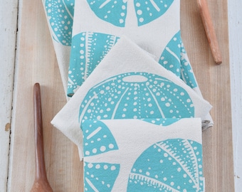 Organic Cotton Napkins - Sea Urchin Print - Set of 4 - Hand Printed - Cloth Napkins  - Eco Friendly - Ocean - Bar - Hostess - Flour Sack