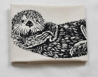 Otter Tea Towel - Organic Cotton - Flour Sack Towel - Screen Printed - Unpaper Towel - Kitchen Towels - Otter - Black Sea Otter Print