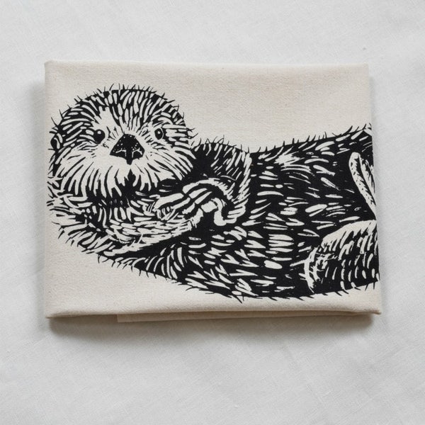 Otter Tea Towel - Organic Cotton - Flour Sack Towel - Screen Printed - Unpaper Towel - Kitchen Towels - Otter - Black Sea Otter Print