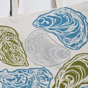 May include: Off-white tote bag featuring a repeating pattern of stylized oyster shells in shades of blue, green, and gray. The bag has cream-colored handles and a simple, clean design, suitable for carrying groceries or personal items.