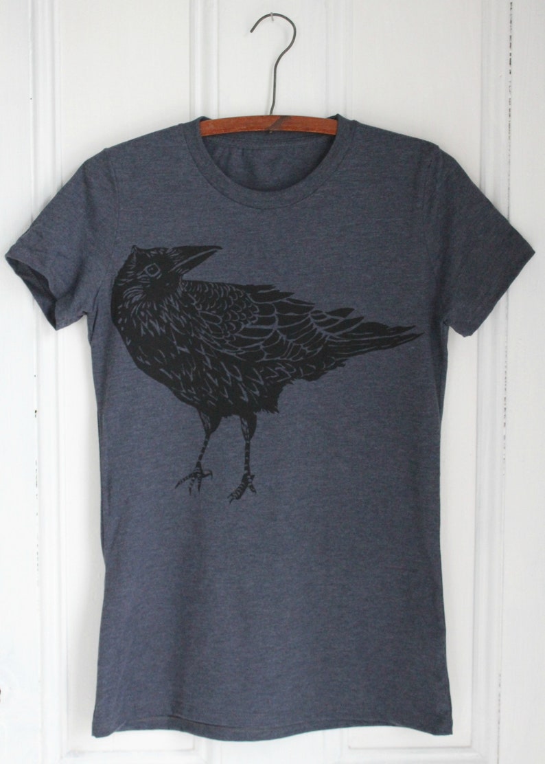 Womens Crow T Shirt Organic Recycled Fabric Super Soft Crows Tri-Blend Raven Print Women's T-Shirts Dark Blue Bird T-Shirt image 1