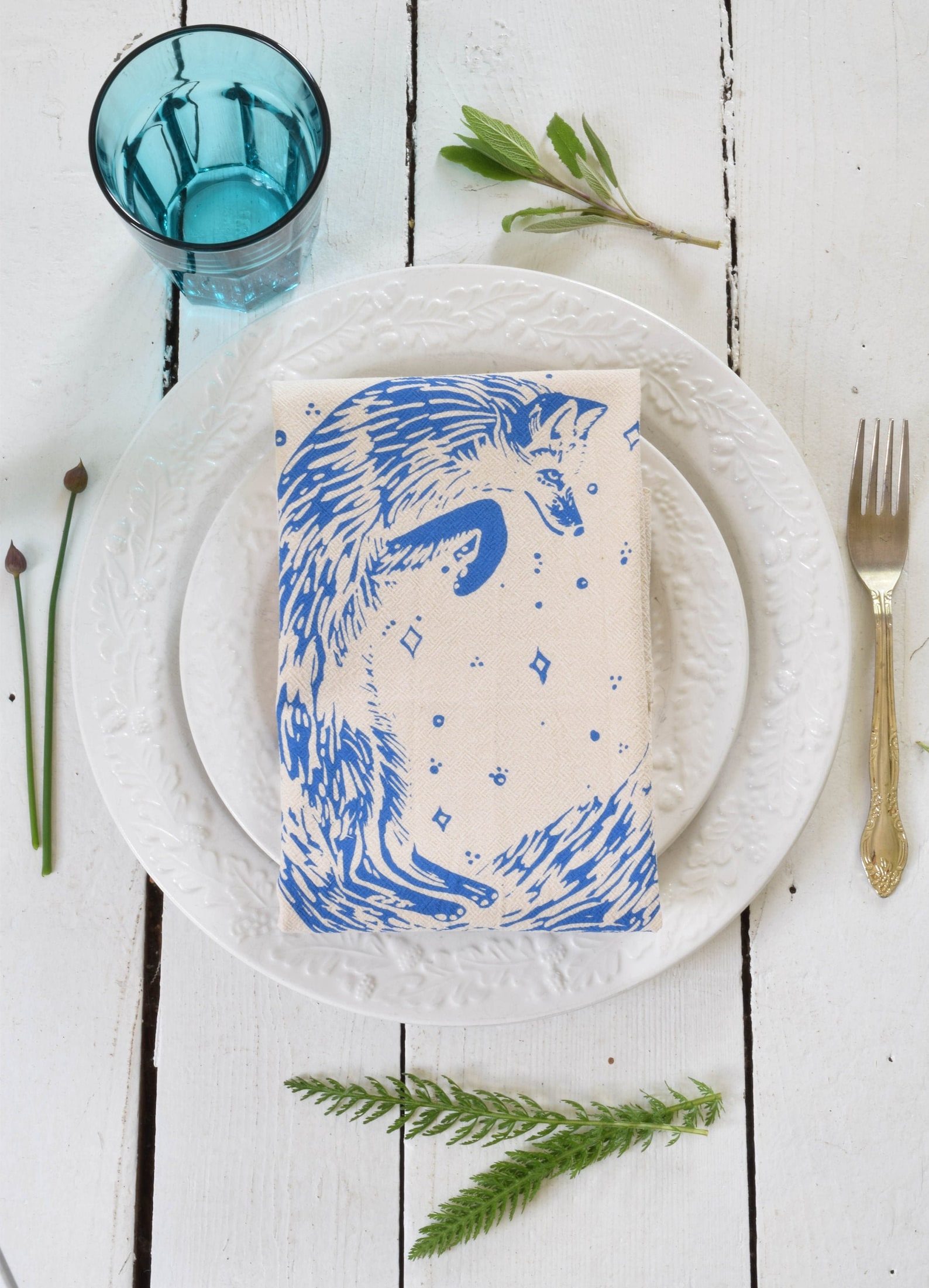 Celestial Fox Napkins Set of 4 100% Organic Cotton Blue Foxes Print Woodland Kitchen