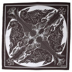 May include: Square bandana with a black and white design featuring four crows, floral elements, and a central cross-like pattern. The design is set against a white circle on a dark brown background. The text "SHEARTHEHARROW" is in the bottom right corner.