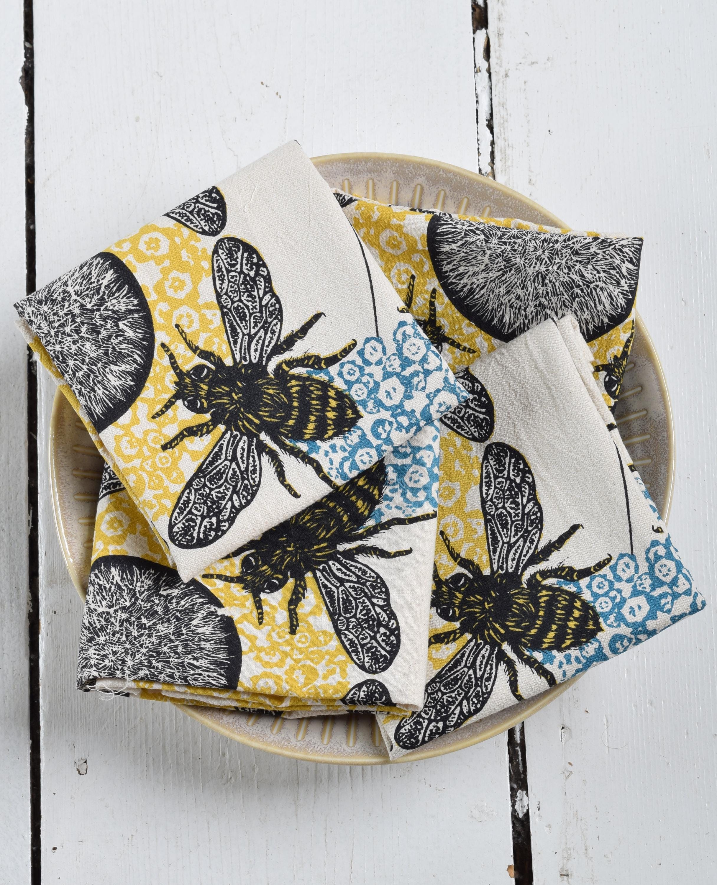 Organic Cotton Honeybee Napkins - Set of 4 - Pollinator Print - 20" x 20" - Multicolor Screen Print - Washable - Reusable - Bees - Insects