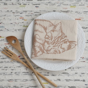 Cat Tea Towel - Organic Cotton - Flour Sack Towel - Screen Printed - Unpaper Towel - Kitchen Towels - Sleeping Kitten - Mocha Brown