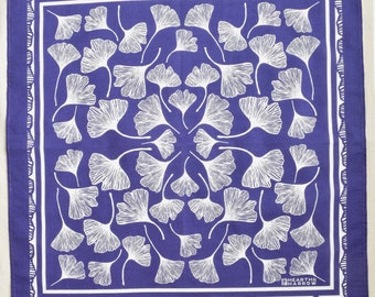 Ginkgo Leaf Bandana - 100% Cotton - Handkerchief - Royal Blue - Hand Screen Printed - Soft and Washable - Ginkgo Biloba - Hair Scarf