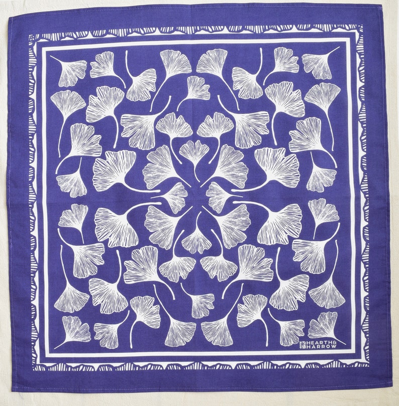 Ginkgo Leaf Bandana 100% Cotton Handkerchief Royal Blue Hand Screen Printed Soft and Washable Ginkgo Biloba Hair Scarf image 1