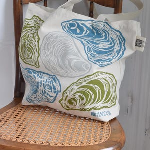 May include: A canvas tote bag with a repeating oyster shell design in blue, green, and gray on a cream background. The bag has cream-colored straps and is resting on a wooden chair.