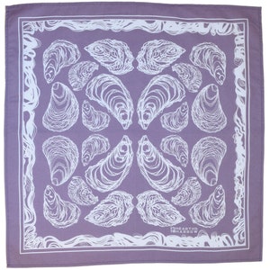 May include: A purple bandana with a white pattern of oysters. The bandana has a white border and the text "SHEARTHB HARROW" in the bottom center.
