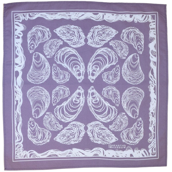 Bandana huître - 100 % coton - mouchoir - violet - sérigraphié à la main - doux et lavable - écharpe nautique - coquille de moule