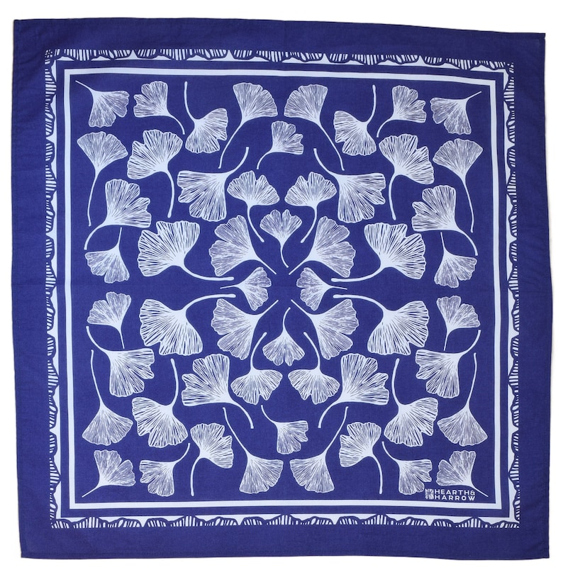 Ginkgo Leaf Bandana 100% Cotton Handkerchief Royal Blue Hand Screen Printed Soft and Washable Ginkgo Biloba Hair Scarf image 2