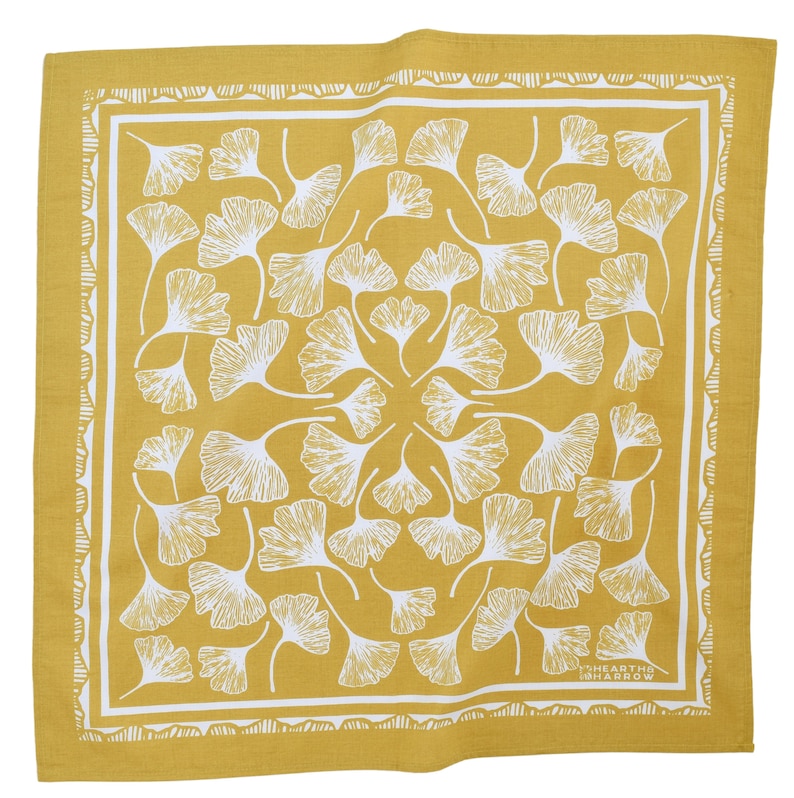 Ginkgo Leaf Bandana 100% Cotton Handkerchief Mustard Yellow Hand Screen Printed Soft and Washable Ginkgo Biloba image 1