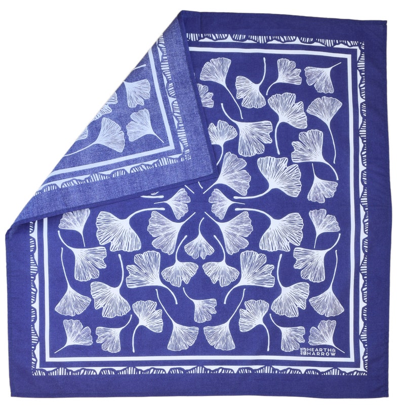 Ginkgo Leaf Bandana 100% Cotton Handkerchief Royal Blue Hand Screen Printed Soft and Washable Ginkgo Biloba Hair Scarf image 6