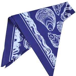 Oyster Bandana 100% Cotton Handkerchief Royal Blue Hand Screen Printed Soft and Washable Nautical Scarf Mussel Shell Oysters image 4