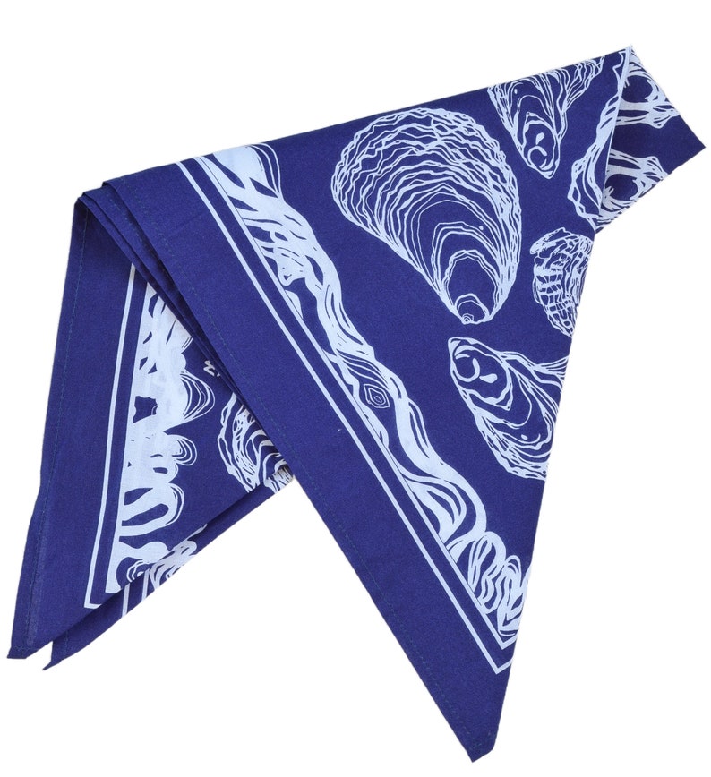 Oyster Bandana 100% Cotton Handkerchief Royal Blue Hand Screen Printed Soft and Washable Nautical Scarf Mussel Shell Oysters image 4