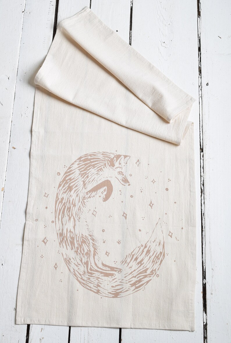 Fox Tea Towel Organic Cotton Screen Printed Eco Friendly Flour Sack Towel Celestial Kitchen Towels Woodland Decor Foxy image 3