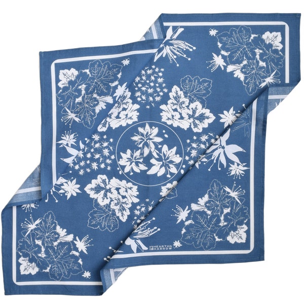 Shade Garden Bandana - 100% Cotton - Handkerchief - Flowers - Hand Screen Printed - Soft and Washable - Vintage Floral Print - Scarf - Blue