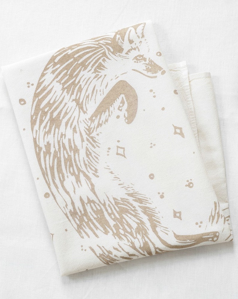 Fox Tea Towel Organic Cotton Screen Printed Eco Friendly Flour Sack Towel Celestial Kitchen Towels Woodland Decor Foxy image 1