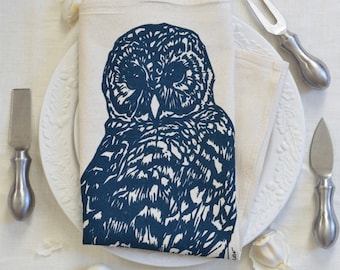 Owl Tea Towel - Flour Sack Towel - Cotton Kitchen Towel - Unpaper Towels - Navy Blue - Screen Printed - Tea Towels Flour Sack - Woodland
