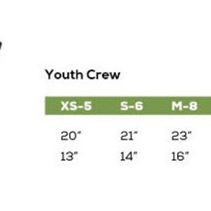 May include: Size chart for youth crew neck t-shirts. The chart shows measurements in inches for front length and width for sizes XS-5, S-6, M-8, L-10, and XL-12.