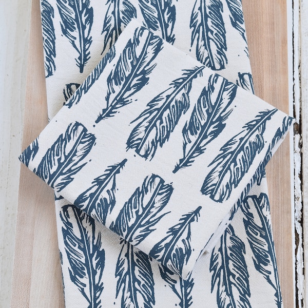 Organic Cotton Tea Towel - Block Feather in Navy Blue - Flour Sack Kitchen towel - Eco Friendly - Unpaper Towels - Hand Screen Printed