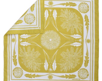 Dandelion Bandana - 100% Cotton - Handkerchief - Mustard Yellow - Hand Screen Printed - Soft and Washable - Flower - Leaf - Dandy Kerchief