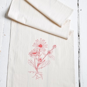 Tea Towel Organic Cotton Flower Calendula Unpaper Towel Screen Printed Botanical Design Eco Friendly Kitchen Towels Red image 3