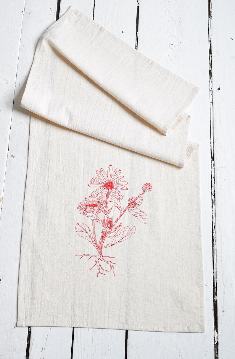 Tea Towel Organic Cotton Flower Calendula Unpaper Towel Screen Printed Botanical Design Eco Friendly Kitchen Towels Red image 3