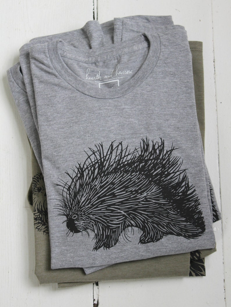 Mens T Shirt Organic Porcupine Tee Tri-Blend Hand Screen Print Men's T-Shirts Graphic T-shirt Slow Fashion Eco Fashion image 1