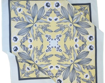 Lily of the Valley Bandana - 100% Cotton - Handkerchief - Sage Green and Yellow - Hand Screen Printed - Soft and Washable - Floral - Vintage