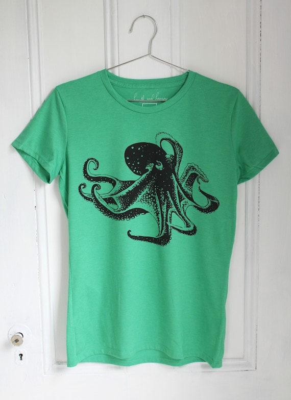 Womens T Shirt Organic Octopus Tee Tri blend Hand Screen Printed Women s T shirts Eco Fashion Slow Fashion Etsy