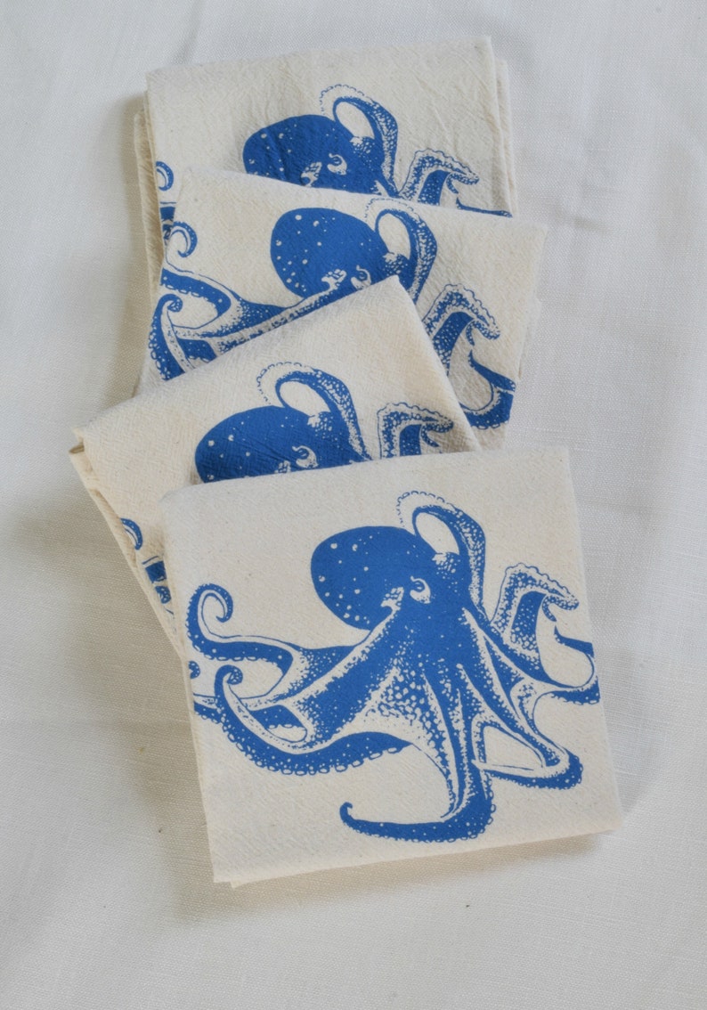Set of 4 Linens Reusable Tabletop Decor Octopus Napkins Eco Friendly Cloth Napkins Washable Organic Cotton Tablescape