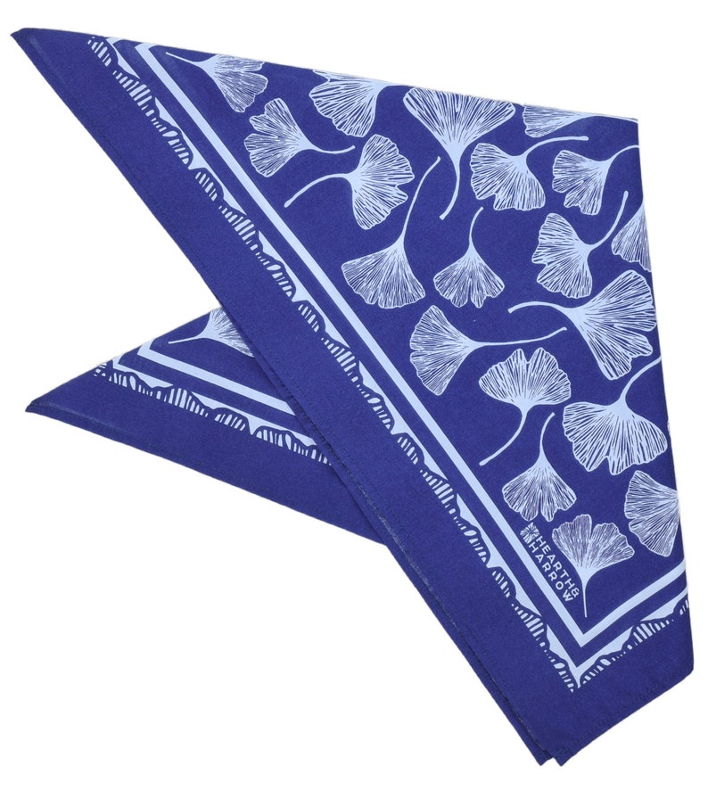 Ginkgo Leaf Bandana 100% Cotton Handkerchief Royal Blue Hand Screen Printed Soft and Washable Ginkgo Biloba Hair Scarf image 4