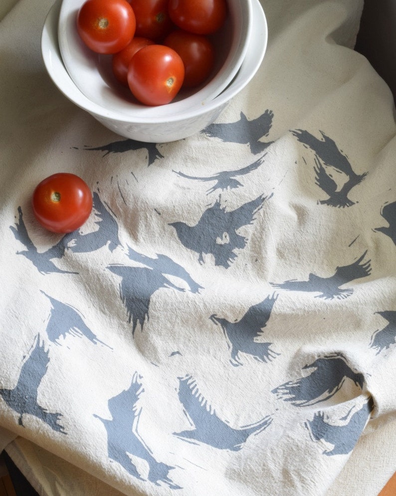 Crow Tea Towel Organic Cotton Eco Friendly Flour Sack Towel Housewarming Gift Bird Design Grey image 2