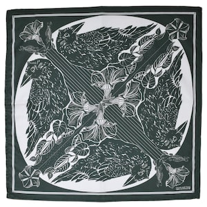 May include: A green bandana with a white circle design featuring four black crows and white flowers. The bandana has the text "The Earth is a Sparrow" in the bottom right corner.