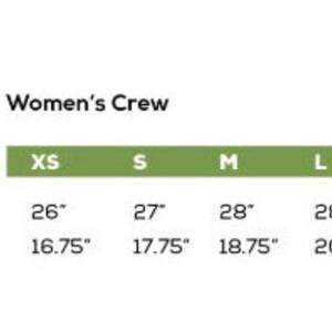 May include: Size chart for women's crew neck t-shirts. The chart shows measurements in inches for front length and front width for sizes XS, S, M, L, XL, and XXL.