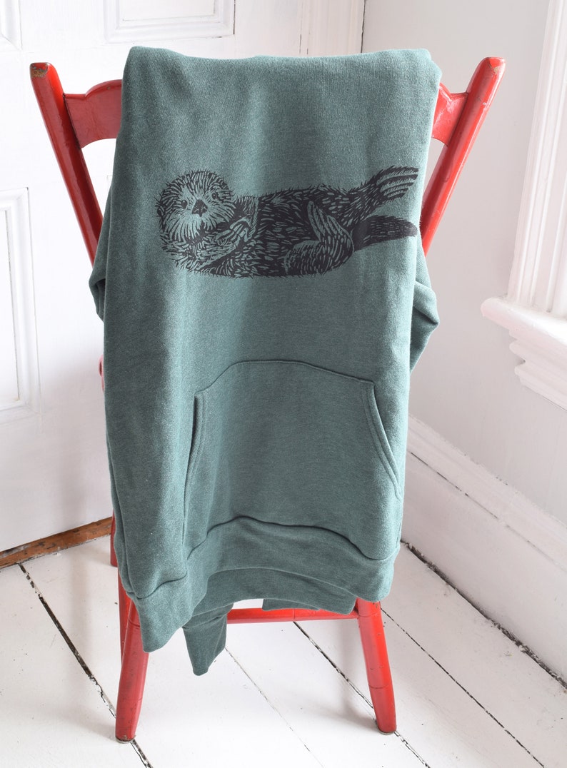 Otter Hoodie Unisex Adult Sweatshirt Animal Print Pullover Hoodie Kangaroo Pockets Fleece Dark Green Hoodie Cute Sea Otter image 3