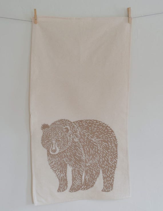 Brown Bear Tea Towel, Grizzly Tea Towel, Bear Kitchen Towel - Hand Printed  Flour Sack Tea Towel