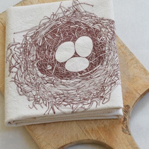 Nest Tea Towel - Organic Cotton - Flour Sack Towel - Nest and Eggs - Woodland Decor - Unpaper Towels - Eco Friendly Kitchen Towels - Brown