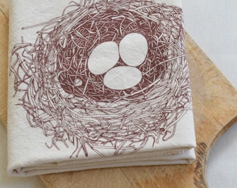 Nest Tea Towel - Organic Cotton - Flour Sack Towel - Nest and Eggs - Woodland Decor - Unpaper Towels - Eco Friendly Kitchen Towels - Brown