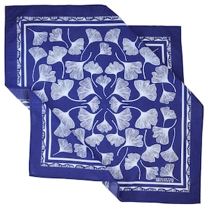 Ginkgo Leaf Bandana 100% Cotton Handkerchief Royal Blue Hand Screen Printed Soft and Washable Ginkgo Biloba Hair Scarf image 3