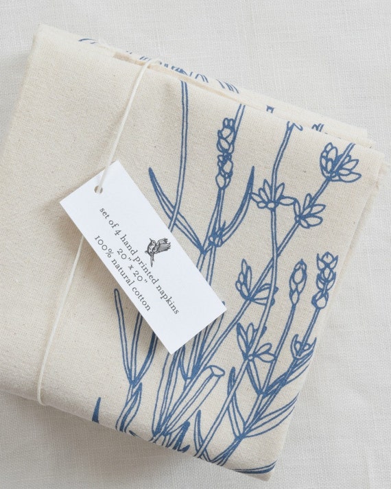 Cloth Napkins Set of 4 Organic Cotton Lavender Botanical Print Unpaper  Towels Washable Reusable Eco Friendly Table Setting 