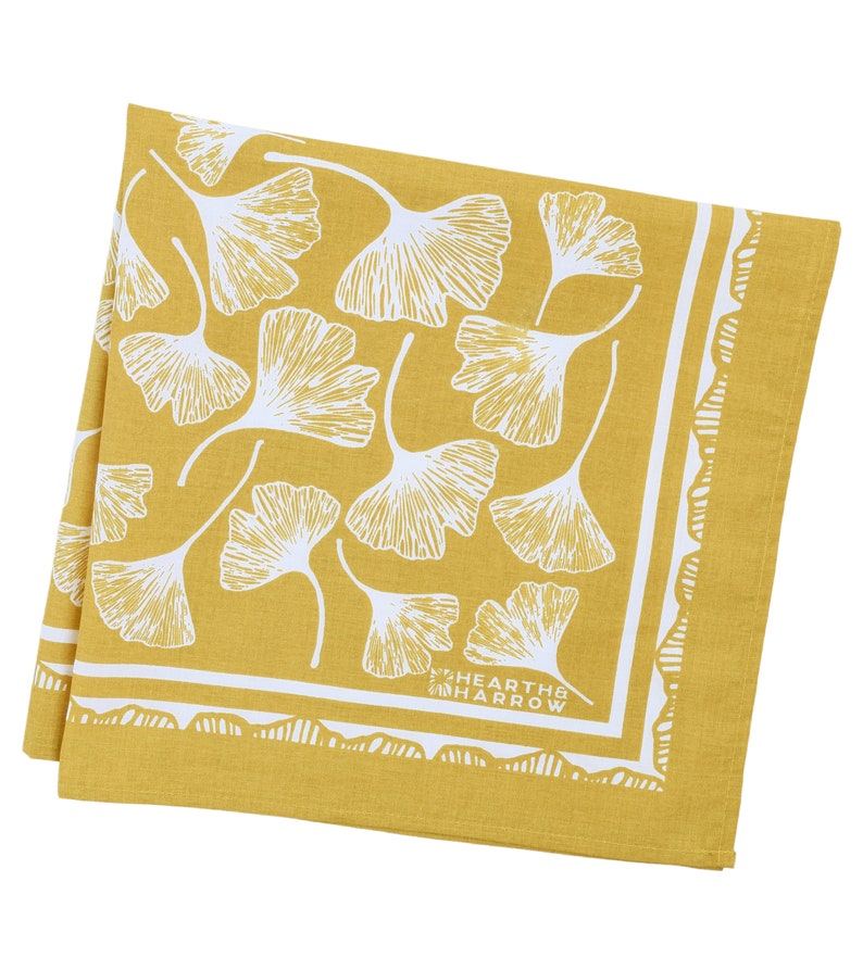 Ginkgo Leaf Bandana 100% Cotton Handkerchief Mustard Yellow Hand Screen Printed Soft and Washable Ginkgo Biloba image 3