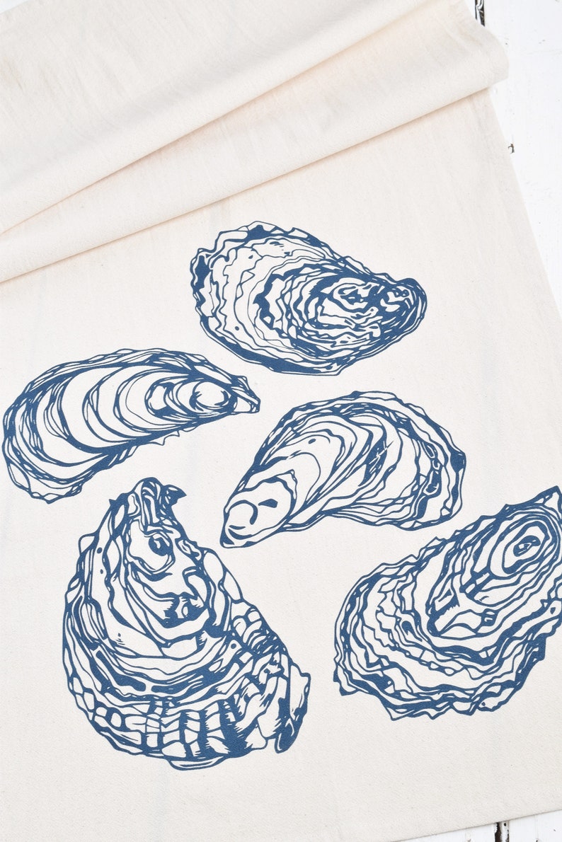 Oyster Tea Towel Organic Cotton Oysters Eco Friendly Kitchen Towel Nautical Decor Organic Flour Sack Towel Sea Shell Oysters image 2