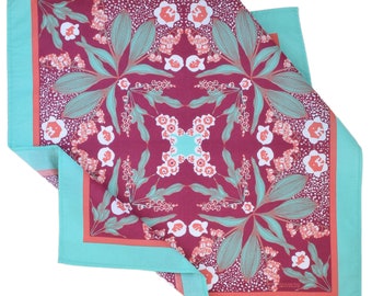 Lily of the Valley Bandana - 100% Cotton - Handkerchief - Teal and Magenta - Hand Screen Printed - Soft and Washable - Floral - Vintage