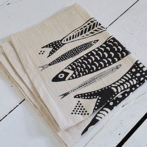 Tea Towel Organic Cotton Sardines Design Screen Printed Unpaper Towel Eco Friendly Kitchen Towels Flour Sack Towel Black Print image 2