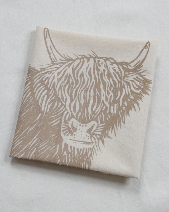 Scottish Highland Cow Tea Towel   Organic Cotton  Farmhouse Decor Dishcloth  Farm Animal Print  Beige